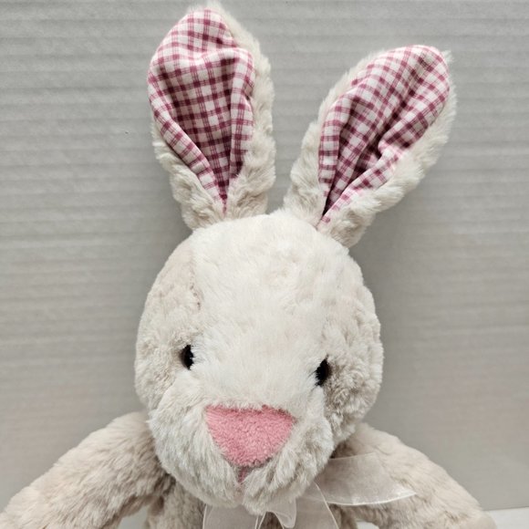 Gitzy Plush Gingham Stuffed Animal Cream Bunny Rabbit with Bow Toy Decor - Picture 3 of 14